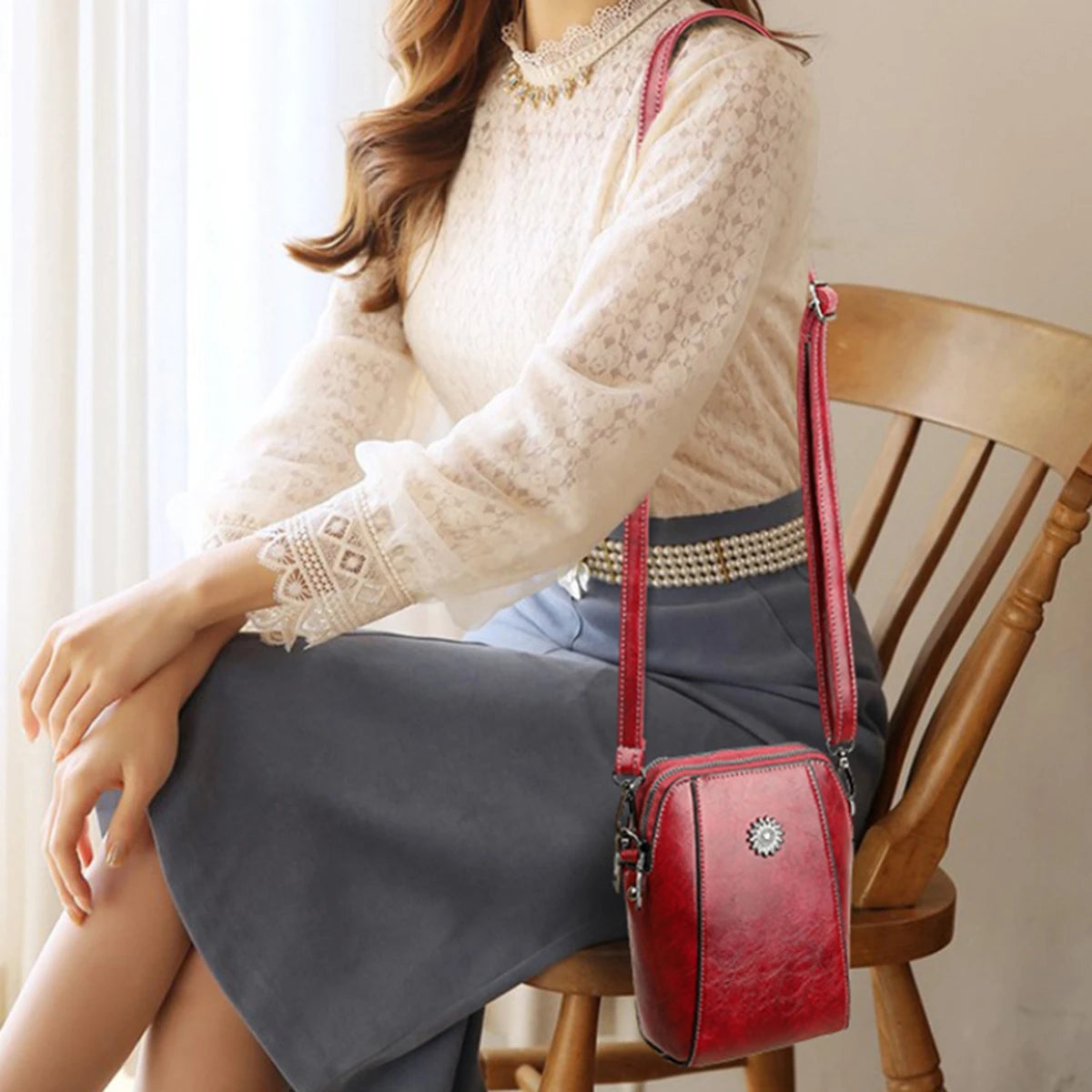 Ladies' Fashionable Soft Leather Single-Shoulder Bag, Trendy Vertical Design Crossbody Bag, Portable Phone Storage Bag