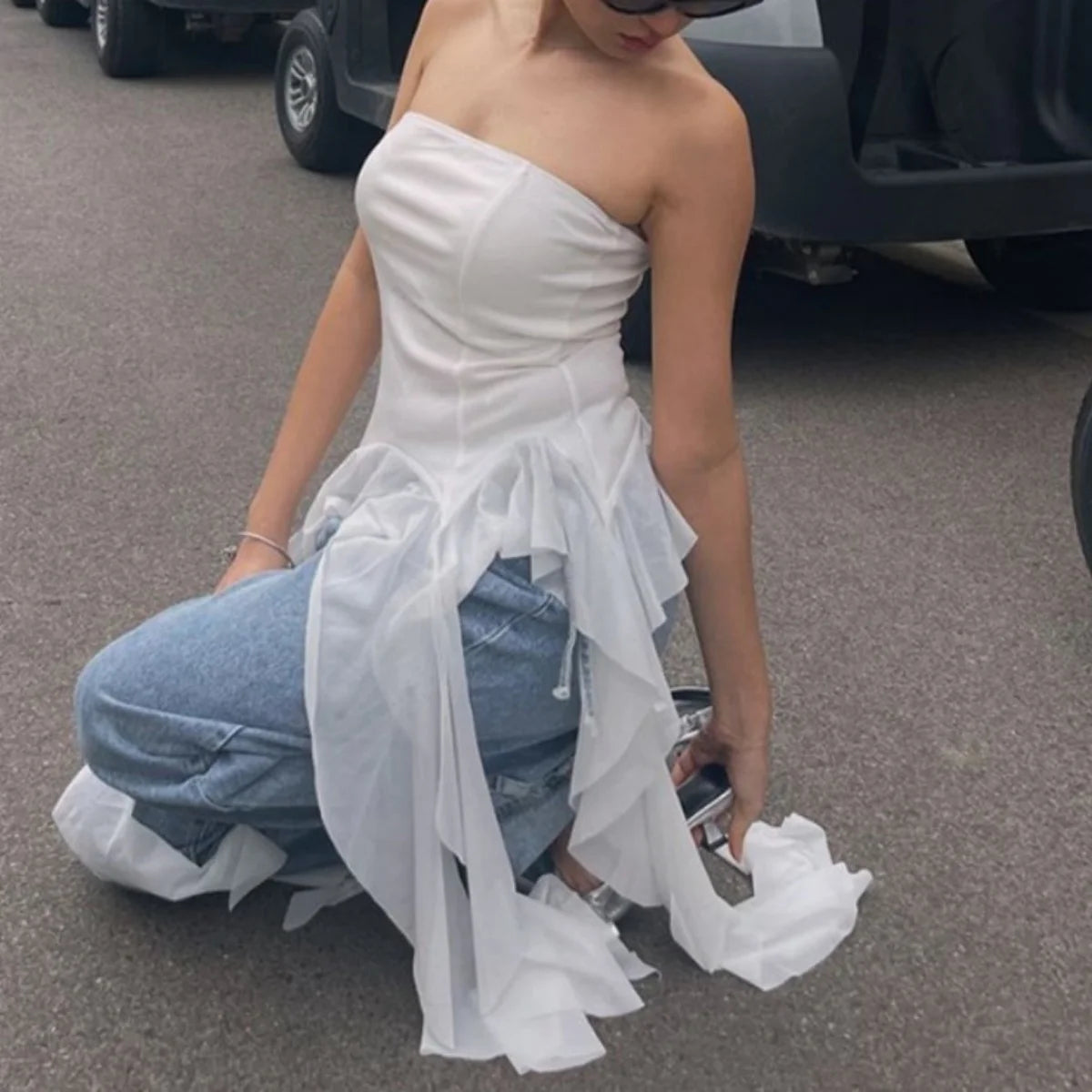 Irregular Fashion Sexy Ruffle Top Women Summer New Sleeveless Solid Tube Tops Lady Evening Party Club Off Shouder Streetwear
