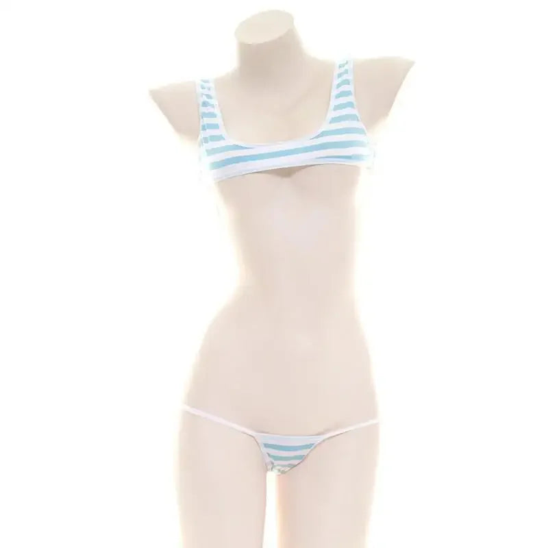 Sexy Japanese Style  Blue White Stripe Bikini Swimsuit Striped Halter Micro Bikini Set Love Female StudenLolita Kawaii Swimsuit