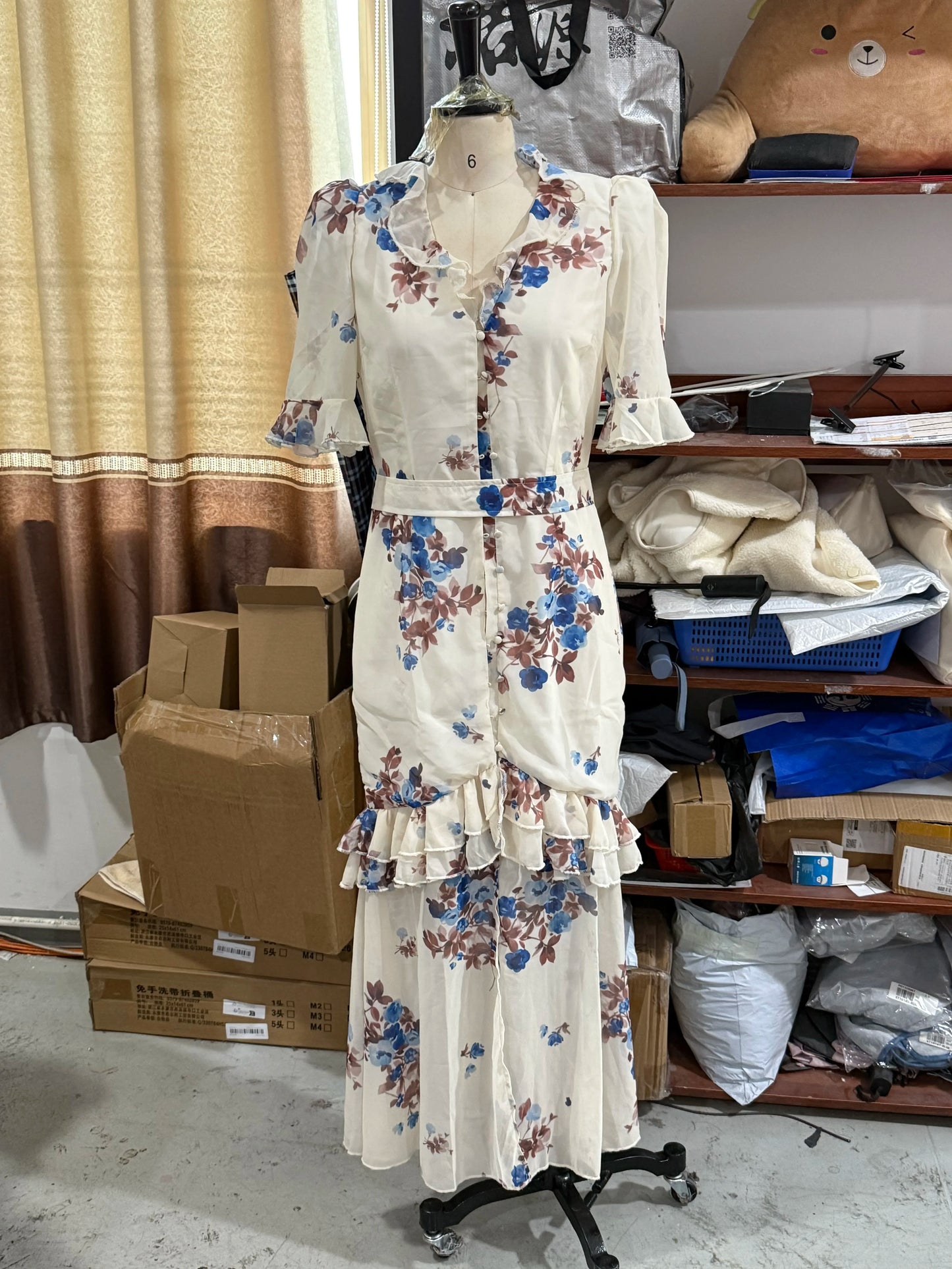Flutter Sleeves Slim Long Dress Women Casual Pleated Deep V-neck Floral Print High Waist Dresses 2026 Lady Summer Holiday Wear