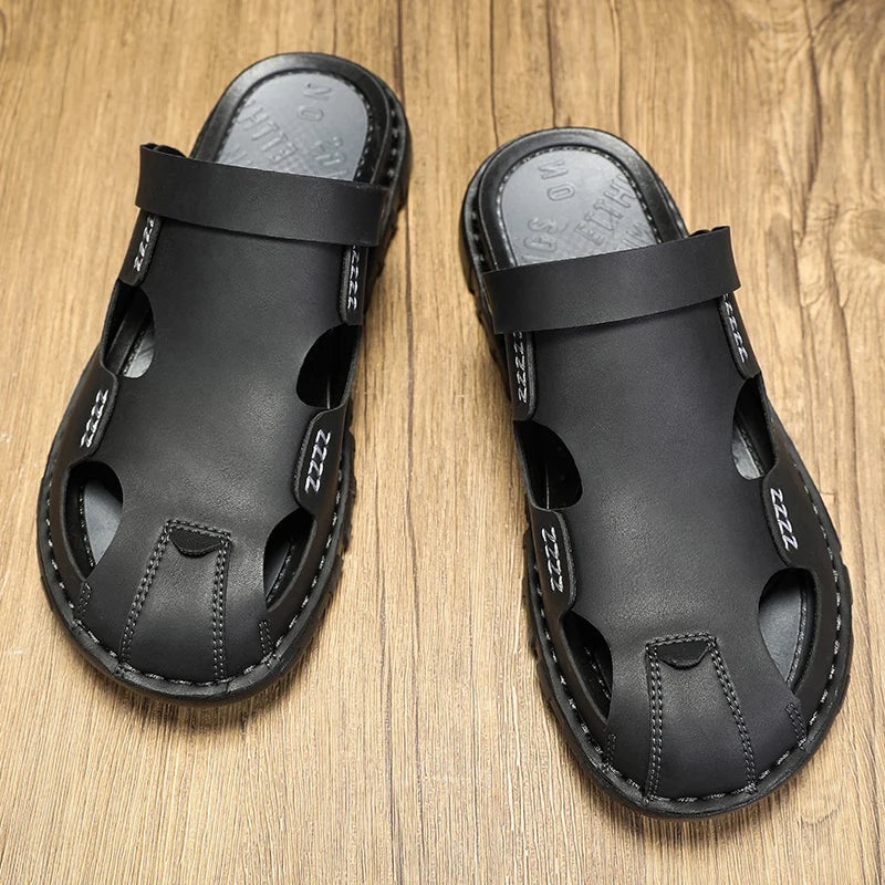 New Men's Leather Sandals Summer Slippers Beach Sandals Hollow Fashion Comfortable Outdoor Leisure Sports Sandals Large Shoes