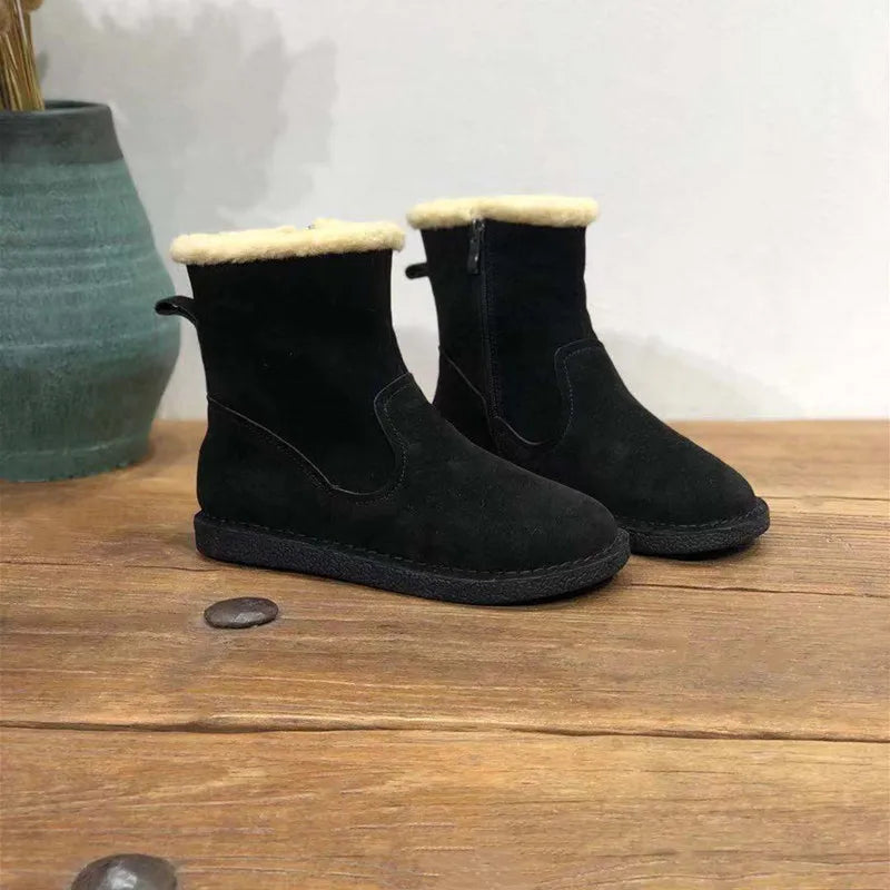 Careaymade-Genuine cow leather Snow cotton round head flats woolen short boots plush warm snow boots Oversized shoes size 35-43