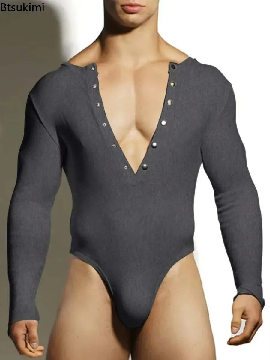 Sexy Home Style Men Rompers Deep V-neck Breathable Stretch Solid Simple Jumpsuits Casual Fashion Long Sleeved Triangle Bodysuits