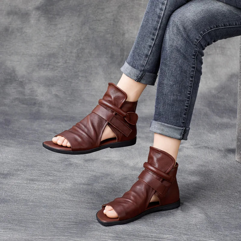 Summer Genuine Leather Cool Boots Women's Vintage Flat Bottom Sandals Women's Topcoat Cowhide Open Toe Zipper Thick Sole Ro