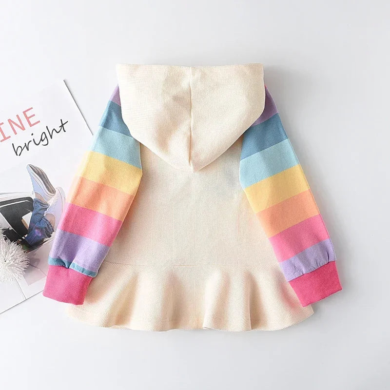 Autumn Rainbow Dress Baby Girls Party Princess Dress Korean Version Long Sleeves Kids Clothes Casual Hooded Sweatshirt Outfits