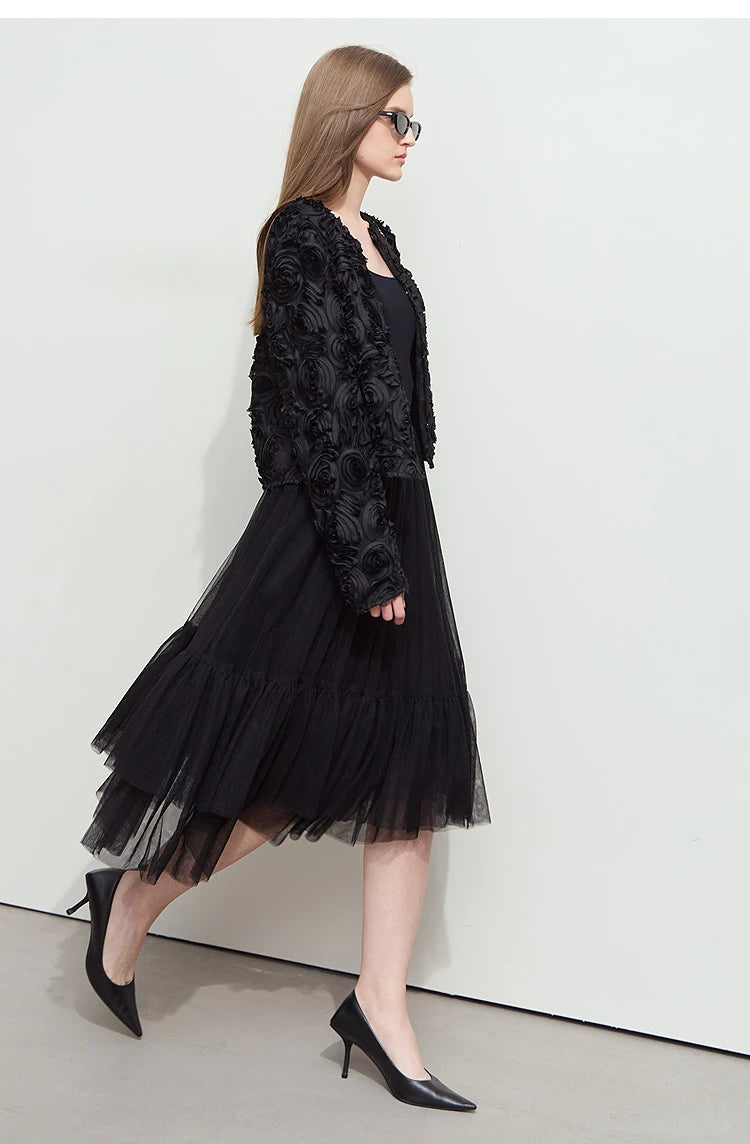 AMII Minimalism Short Jacket Women 2025 Autumn Elegant Floral O Neck Coat