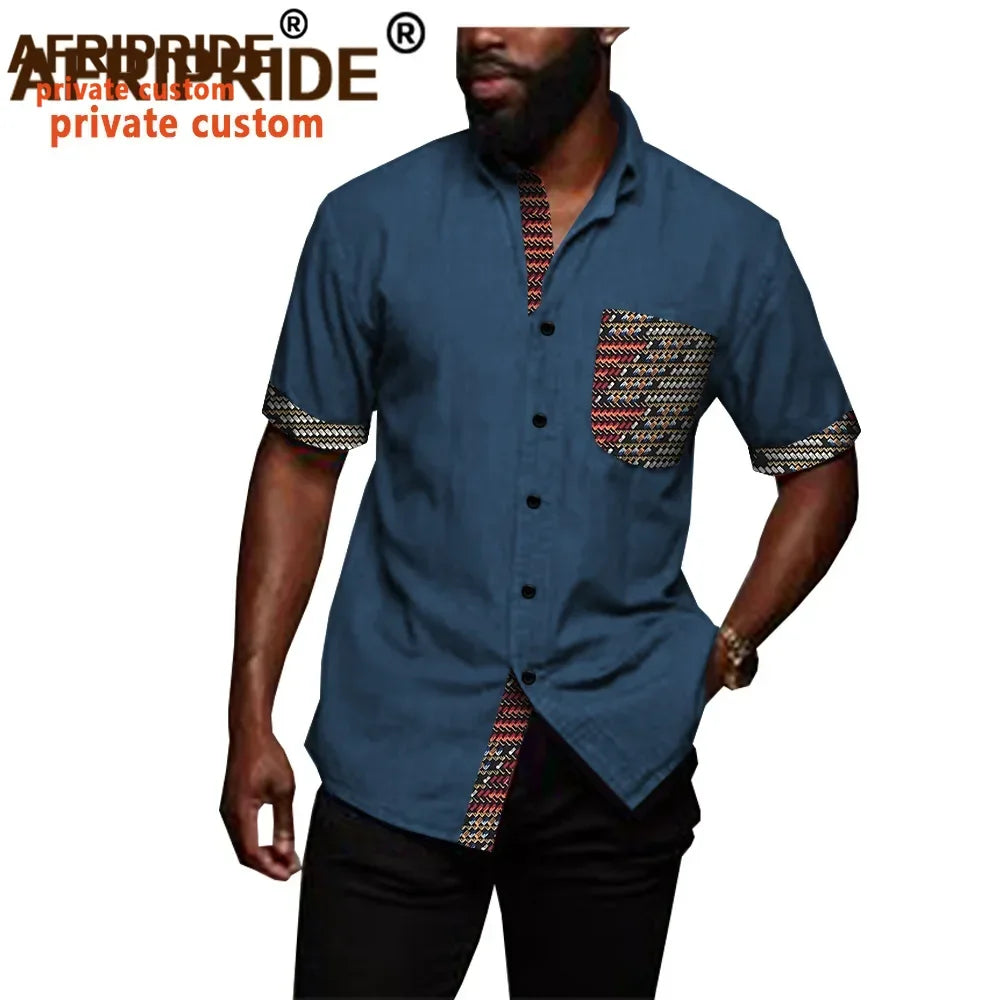 African Shirts for Men Denim Thin Shirt Short Sleeve Pockets Slim Slight Elastic Jeans Cowboy Shirt Clothing Crop Top A2012006