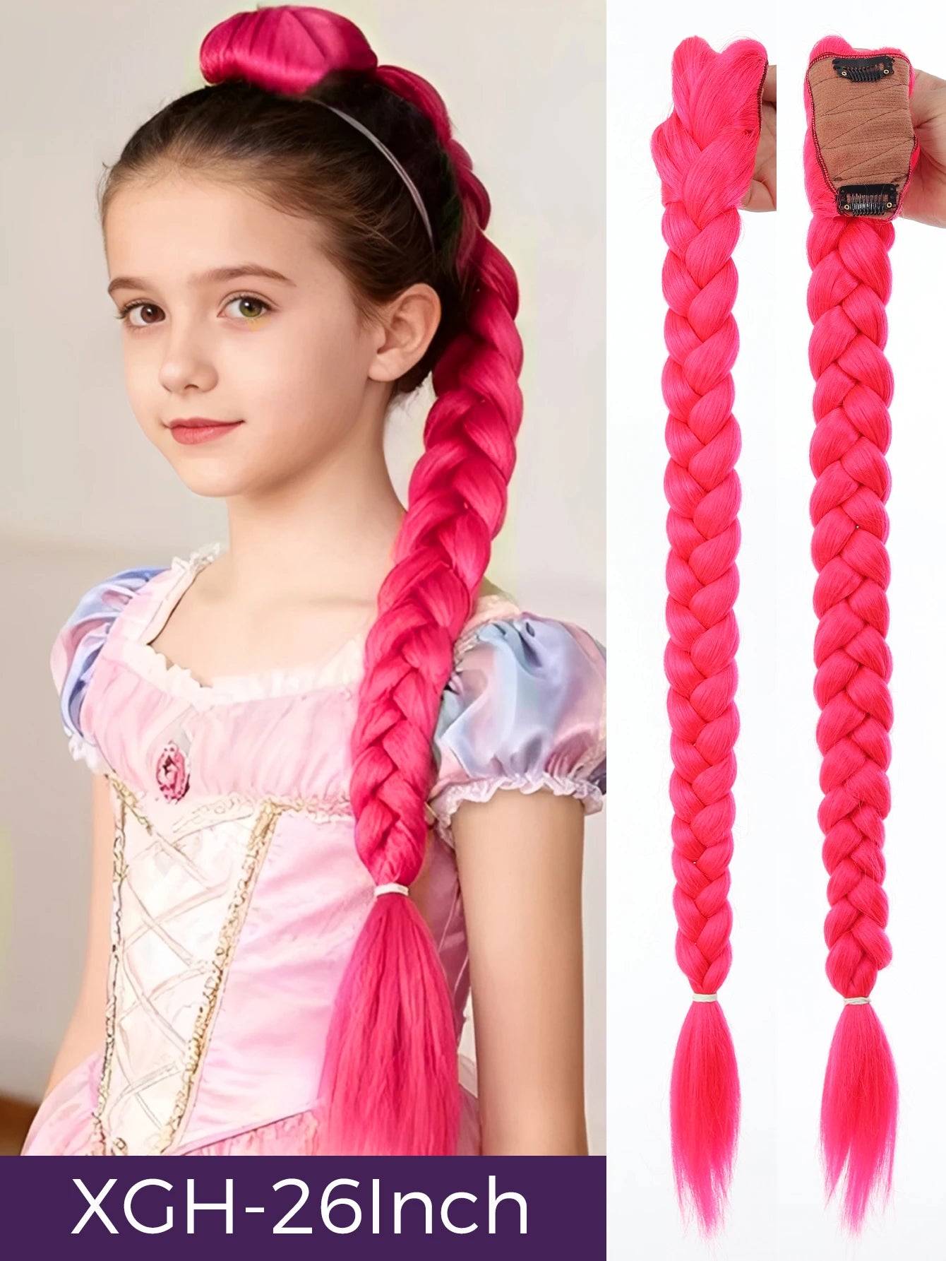 Synthetic 26inch Long Ponytail with Clips Braided Purple Hair Ponytail Rumi Costume Hairstyle for Kids Girls Halloween Christmas