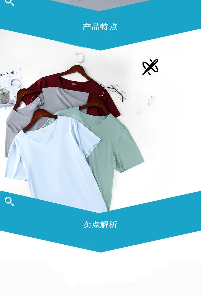 Ice Silk Men T-shirts Summer Seamless Sport Underwear Casual V-neck Thin T-shirts Quick Dry Shirt Tops Bottoming Shirt for Men