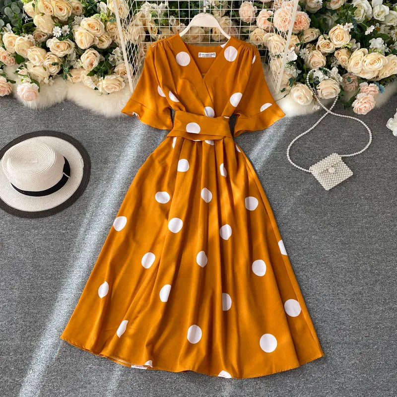 YuooMuoo Chic Polka Dot Print Women Dress Summer Vintage Swing Midi Party Dress