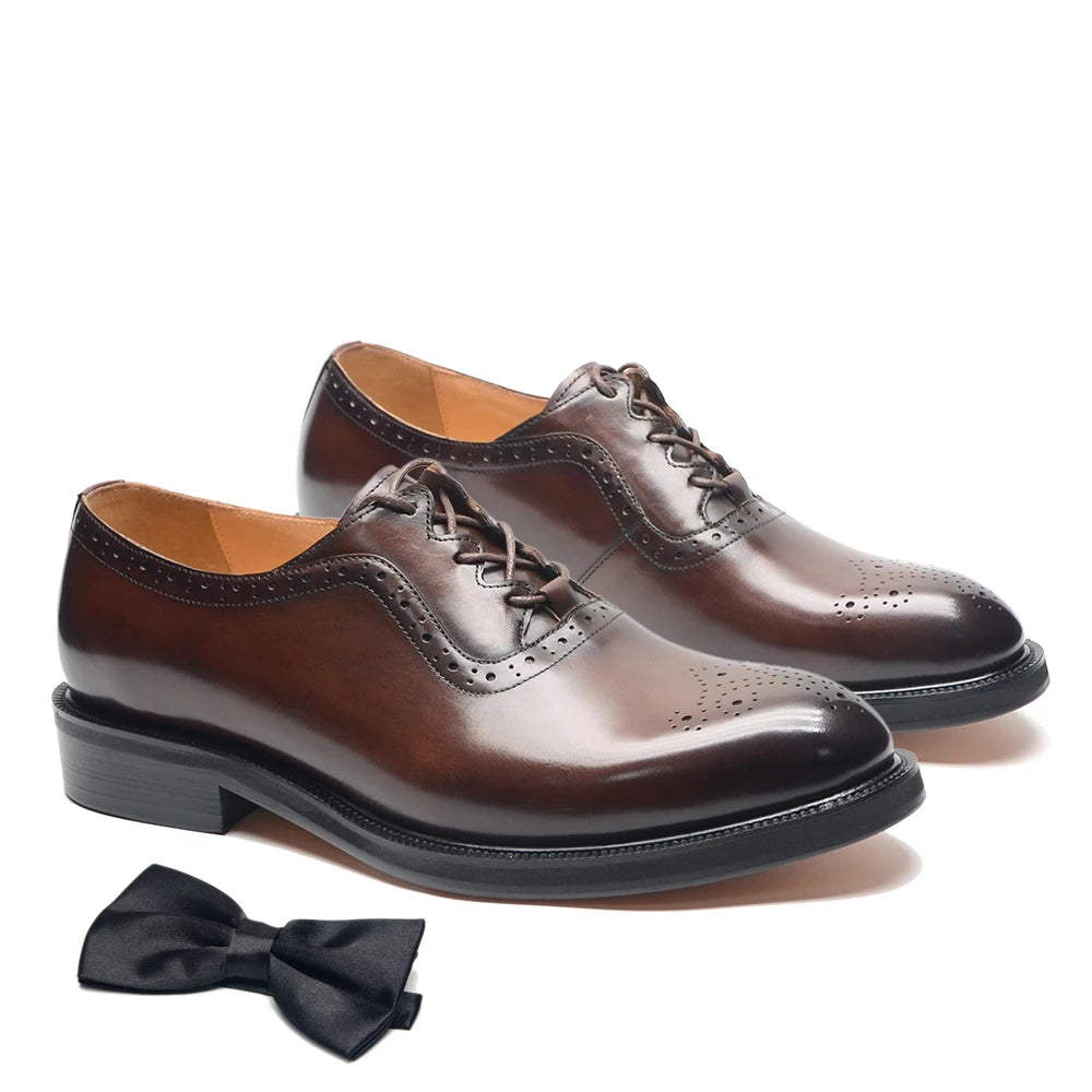 Classy Men's Oxfords Wedding Formal Shoes Handmade Genuine Leather Lace-up Brogue Round Toe Business Office Dress Shoes for Men