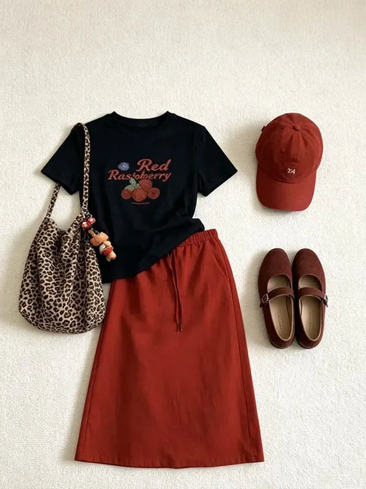 Elegant Black Printed T-Shirt Skirt Set Fashionable Unique Beautiful Summer Women's High-End Feelings Outfit Short Sleeve