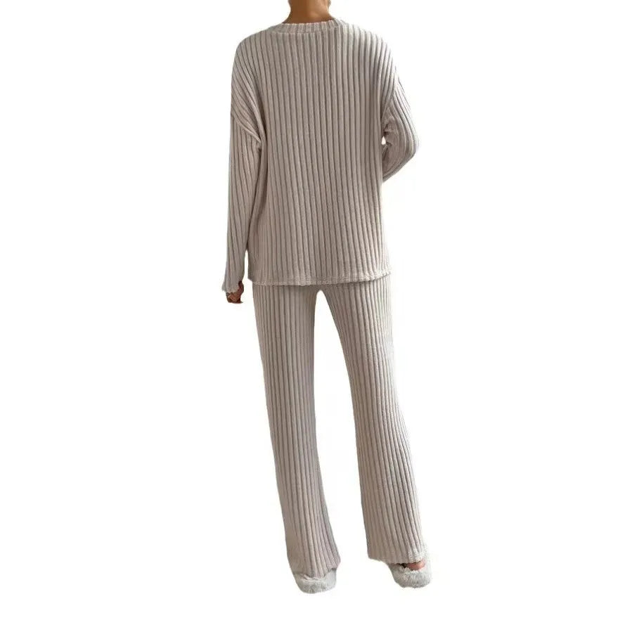 Fashionable Knitted Two-Piece Set Casual V-Neck Long Pants Autumn Winter New Style Loose Fit Korean Style Comfortable Polyester