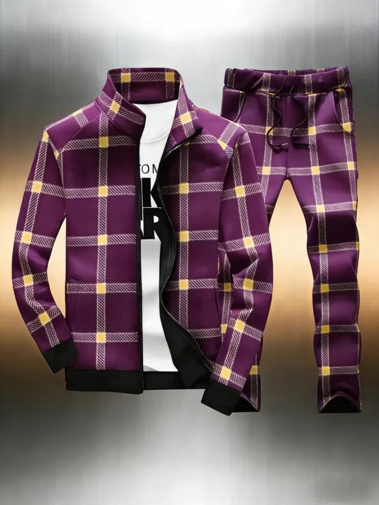 Men's Plaid Tracksuit 2 Piece Set Office Man Stand Collar Full Zip Jacket + Jogger Pants Casual Sportswear Outfit Male Clothings