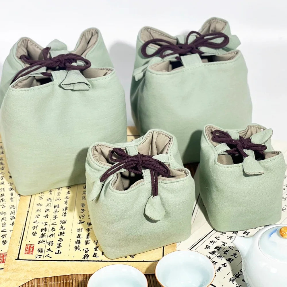 Chinese Style Tea Set Organizer Bag Embroidered Breakage-proof Teacup Drawstring Cloth Pouch Tea Ceremony Accessories