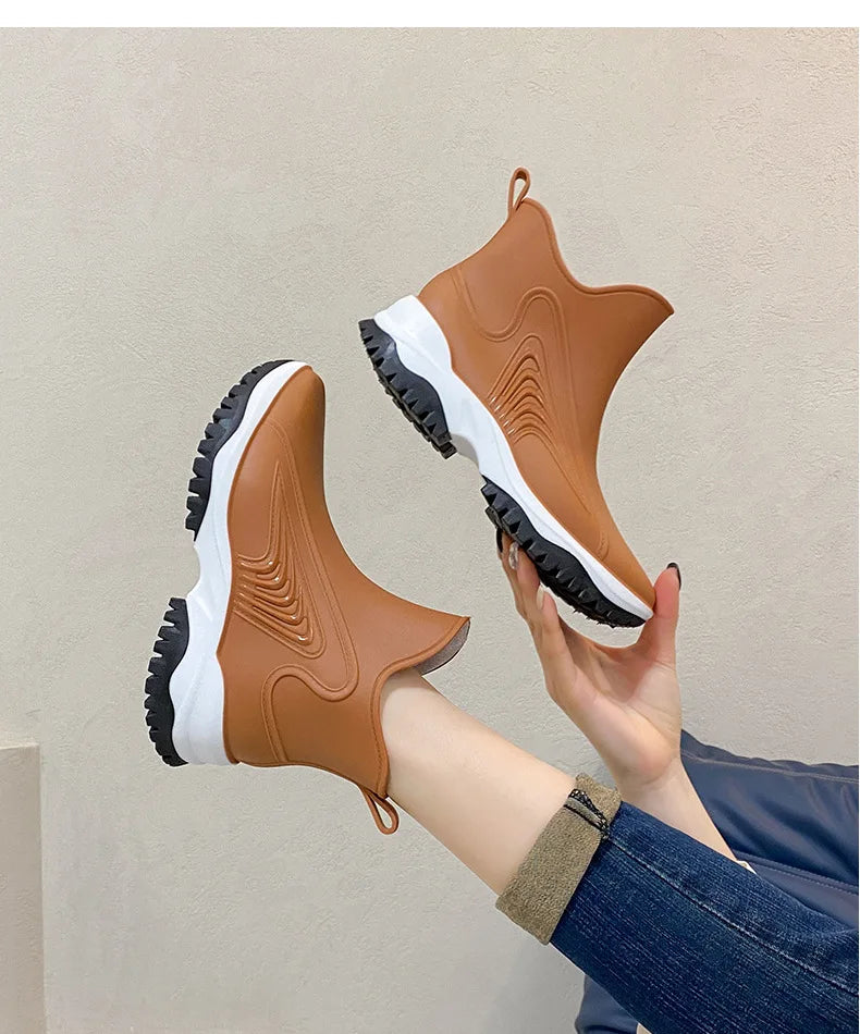 Women Rainboots Slip-on Waterproof Girls Ankle Boots PVC Anti-Slip Spring Autumn Rain Shoes Platform Woman Fishing Rubber Shoes