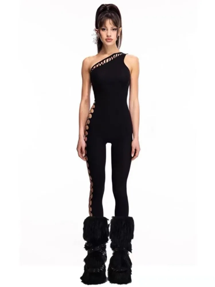 Sexy Streetwear Slanted Shoulder Hollow Sleeveless Jumpsuit Hot Girls Tight Fitting Slimming Bottom Jumpsuit Punk Personality