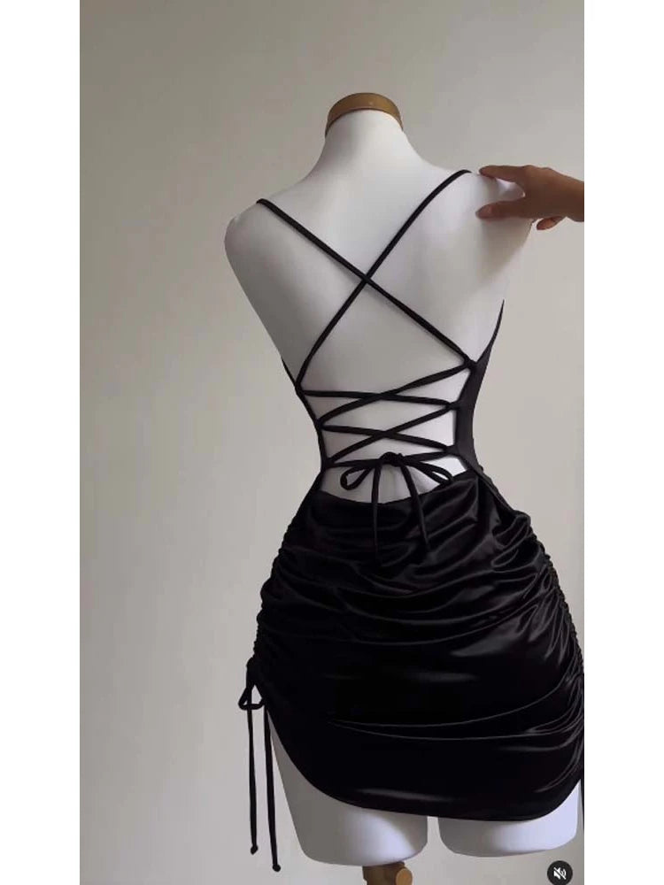 Sexy Sleeveless Backless Bodycon Mini Dress Women Lace Up Party Black Y2K 2025