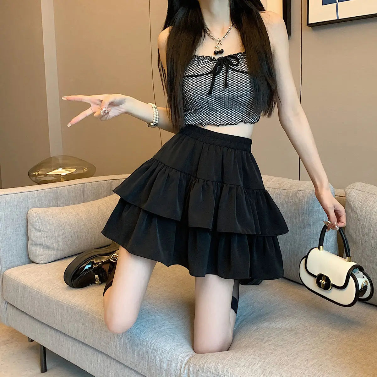 Ruffled Cake Skirts for Women High-waisted A-line Solid All-match Sweet Lovely Girls Korean Style Gentle Spring Kawaii Casual
