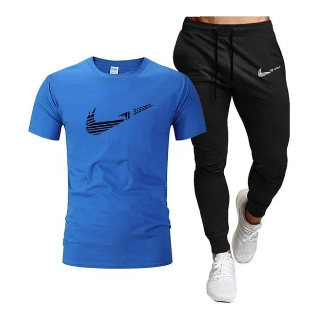 Summer Sports Men's Jogging Pure cotton T-shirt + thin long Pants 2-piece breathable and quick-drying set