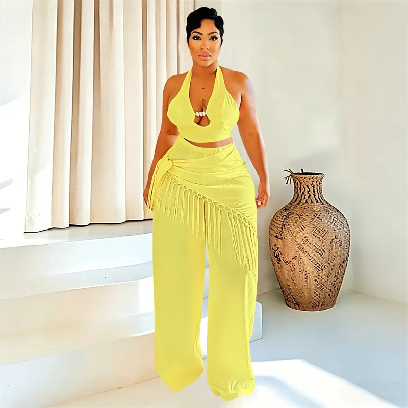 Sexy Two Piece Sets Woman Festival Outfit Birthday Club Party Bandage Halter Backless Crop Top and Tassel Pants Matching Sets