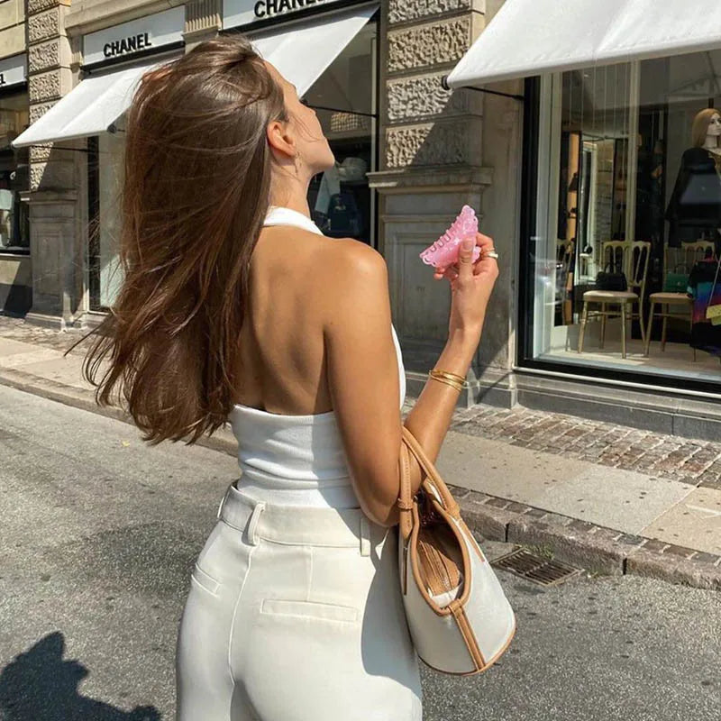 White Halter Sexy Backless Tank Tops for Women Streetwear 2023 Sleeveless Ribbed Knit Vest Top Cropped Feminino