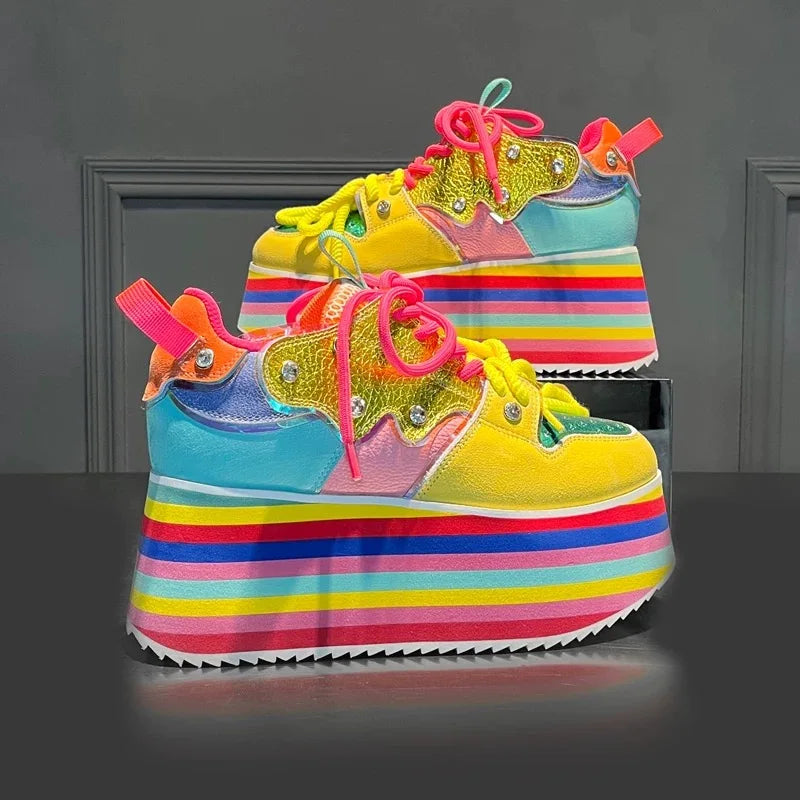 Spring Autumn Women Colourful Sneakers High Platform Shoes Heels Chunky Casual Dad Shoe Genuine Leather Thick Bottom Fashion New