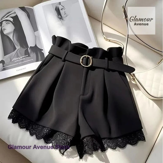 Korean-style fashion lace skirt pants female spring and autumn new slim fashion temperament high waist casual Joker short pants.