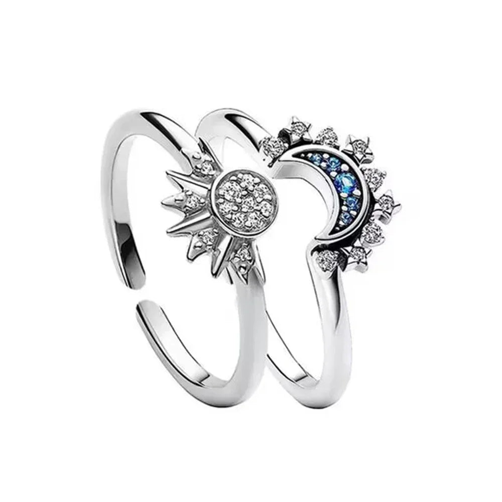 Moon and Star Ring Set Luxurious Crystal Rhinestone Two-in-One Couple Bff Friendship Rings Jewelry Gifts for Girlfriend Sister