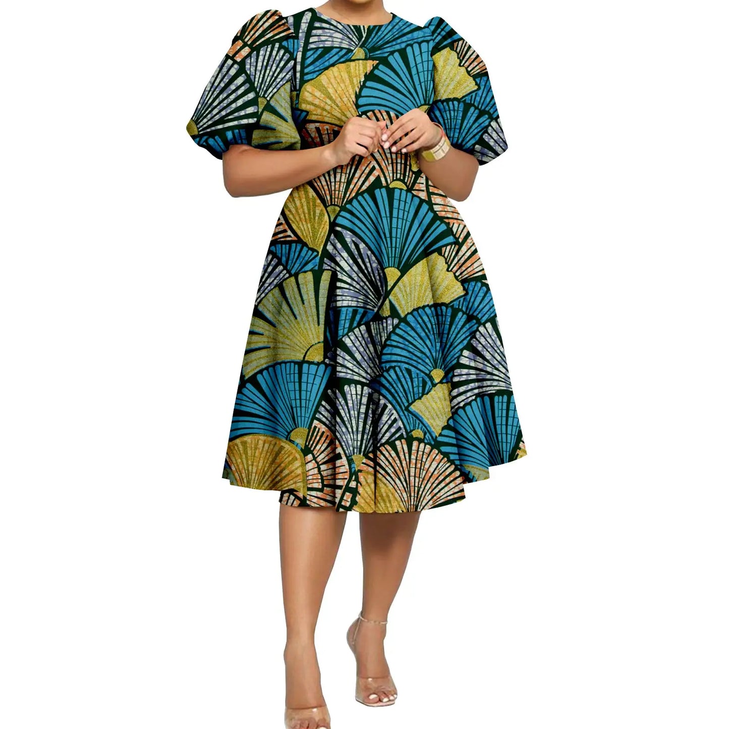 African Clothes for Women Girl Lady Dress Skirt Short Bubble Sleeve Blow the Knee Fashion Causal Bazin Riche Ankara Y2325085