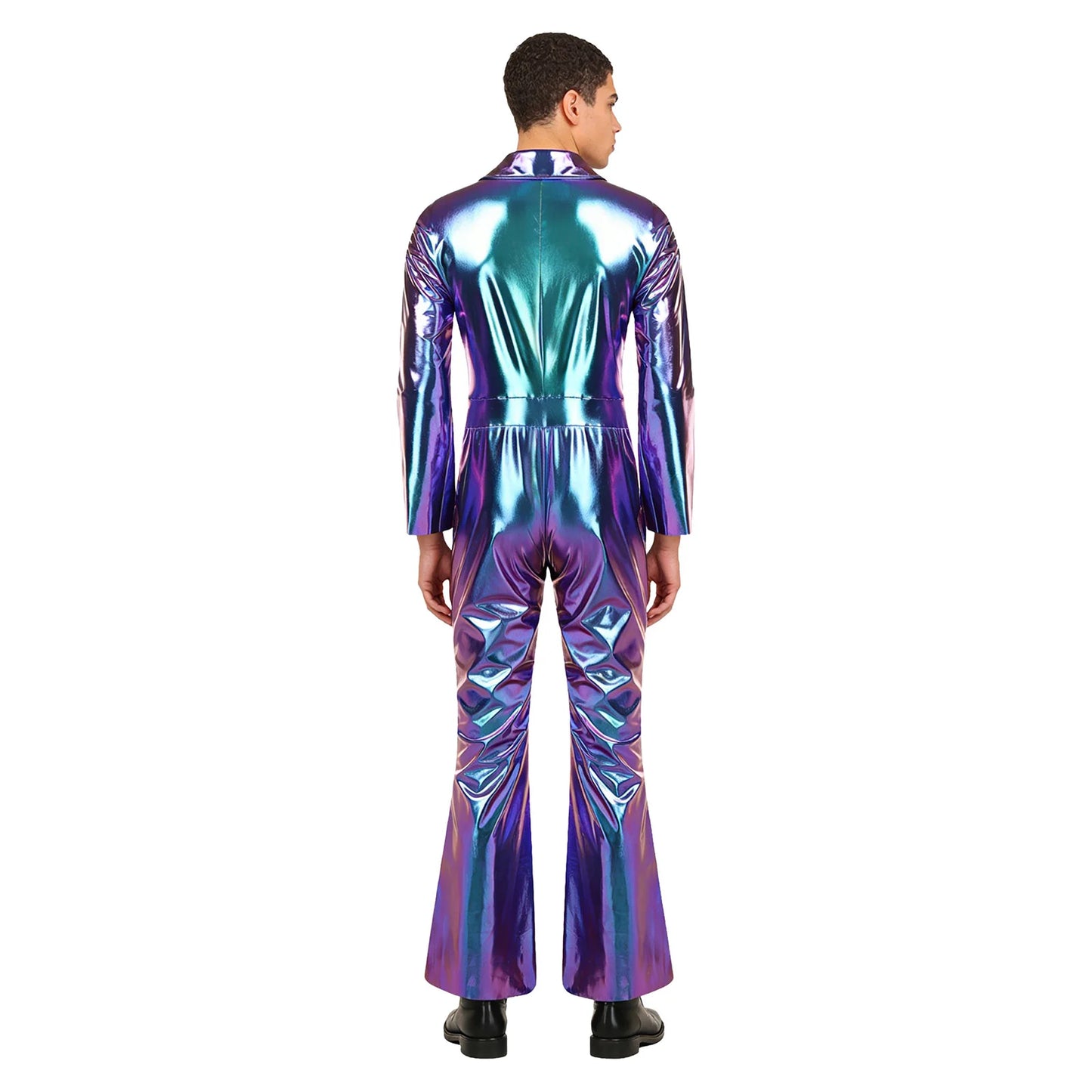 Mens 70s Disco Hippies Jazz Dance Performance Costume Metallic Shiny Unitards Jumpsuit Wide Leg Pants Rompers Vintage Clubwear