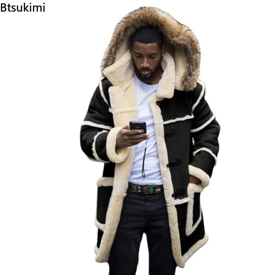 Overcoats Winter Men Jackets Loose Long Cotton-padded Coats Fashion Patchwork Thickened Plush Warm Jackets Casual Streetwear Men