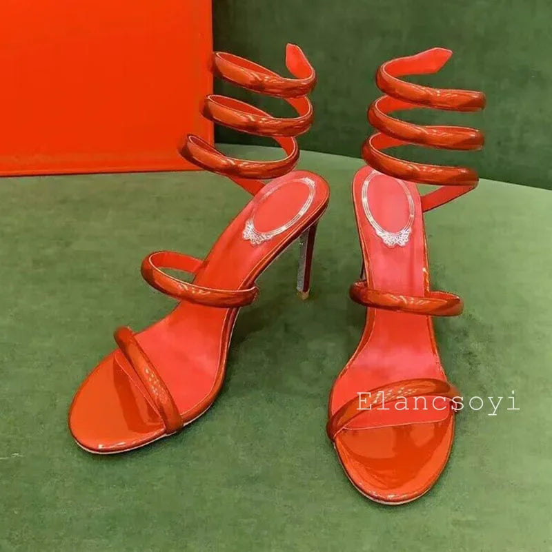 Sexy Thin Heels Sandals Summer Women Real Leather Ankle Snake Shaped Winding Banquet Shoes Summer High Heels Gladiator Sandalias