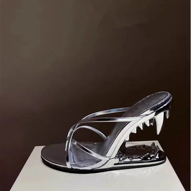 Spring Fashion Show, Teeth Shaped Heels, High Heels with Exposed Toes, Sloping Heels, Round Toe Fashion Women's Shoes