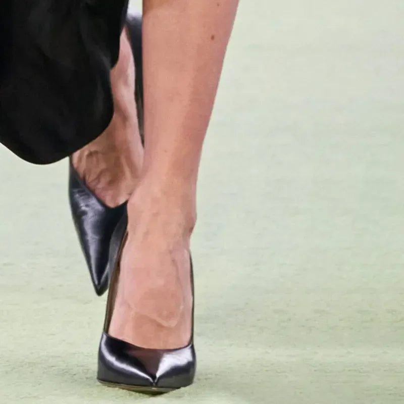 Summer 2024 New High Heels Thick Sole Thick Heel Lacquer Leather Shallow Mouth Pointed Fashion Sexy Women's Oversized Shoes