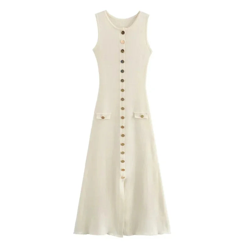 Knit Ribbed Cardigan Maxi Dress Female High Waist Slim Pocket Sleeveless Elegant Party Dress Women's Knitwear Long Dress