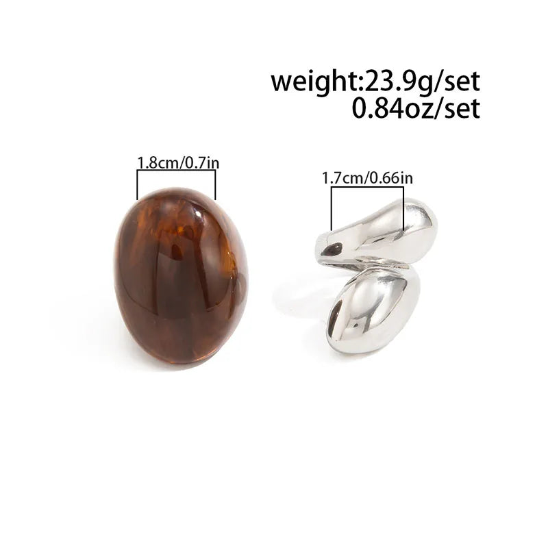 New Vintage Metal Water Drop Acrylic Ring Women Fashion Geometric Thick Resin Knuckle Rings Set Boho Jewelry 2Pcs/Set