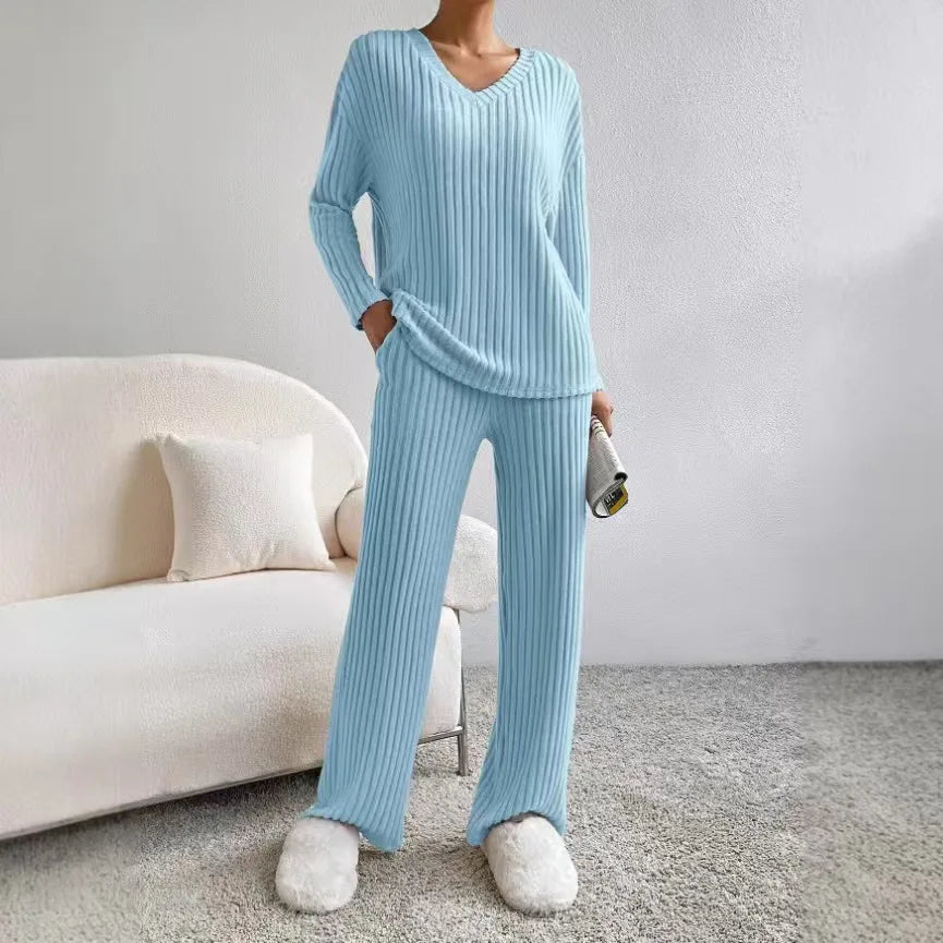 Fashionable Knitted Two-Piece Set Casual V-Neck Long Pants Autumn Winter New Style Loose Fit Korean Style Comfortable Polyester