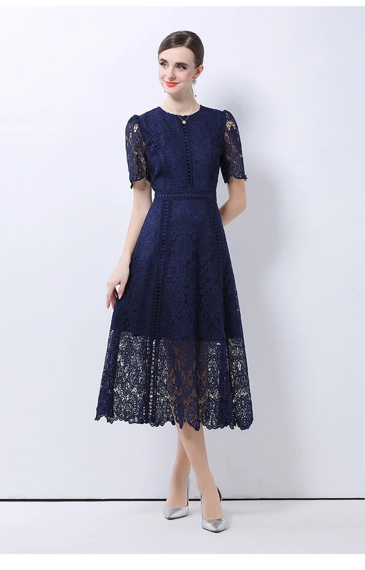 SMTHMA Vintage High-End O-Neck Short Sleeve Lace Hollow Out Dress For Women's Summer Slim Elegant Long Dress Female Clothing