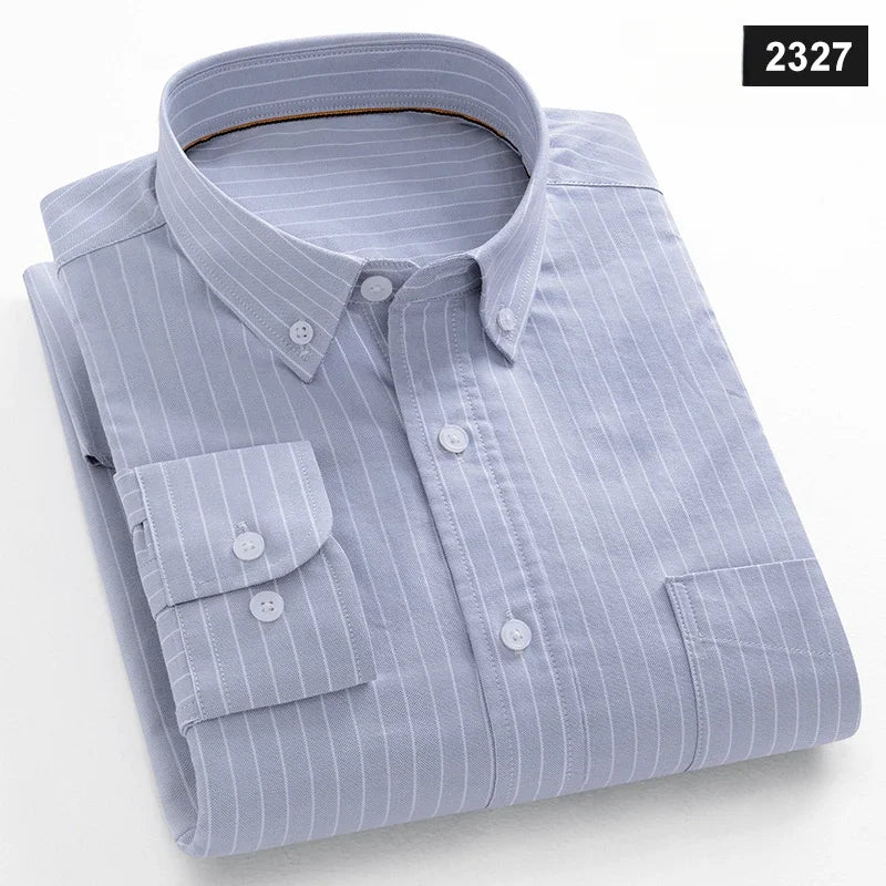 Fashion korean trends casual long-sleeve shirts for men slim fit plain shirt 100%cotton plaid striped tops soft designer clothes