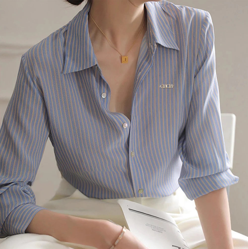 Long Sleeved Women's Shirt New Popular Classic High Grade Female Shirt Vintage Elegant Stripe Versatile Office Lady Fashion Tops