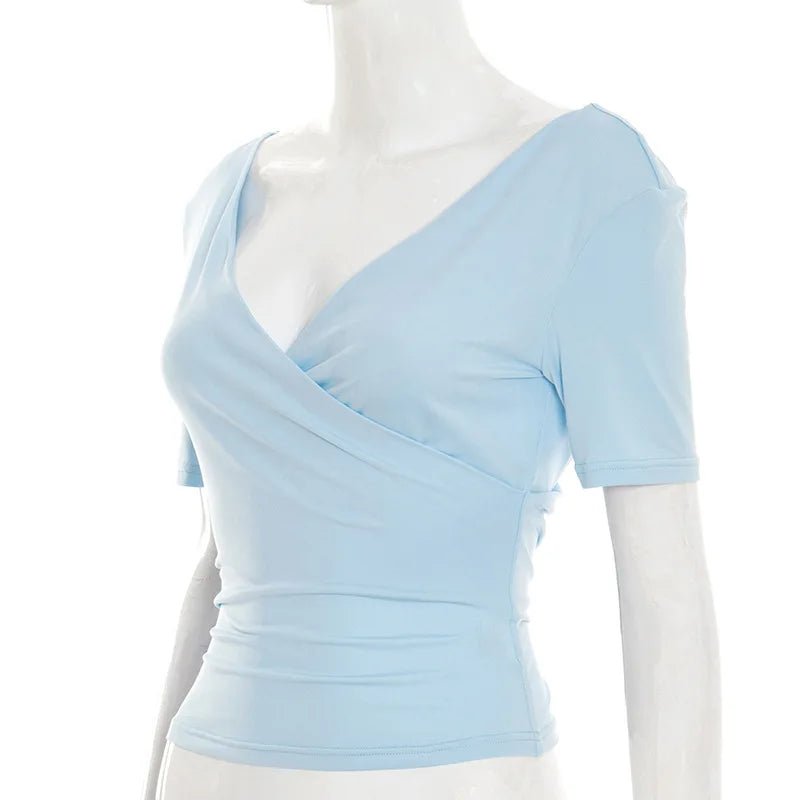 2026 New Women Cross V Neck Slim Waist Top Fashion Ins Style Top