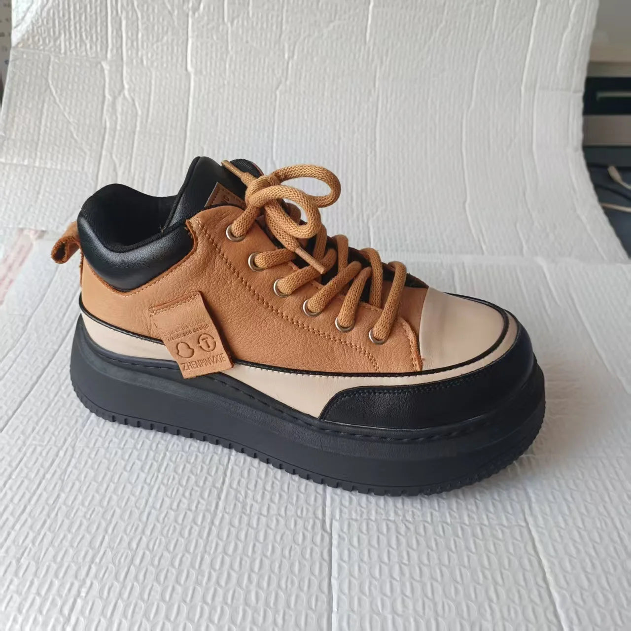 Myjyjz 4.5cm Cow Genuine Leather Women Spring Platform Wedge Flats Chunky Sneakers Lace Up Autumn Loafer Vulcanize Shoes Rubber