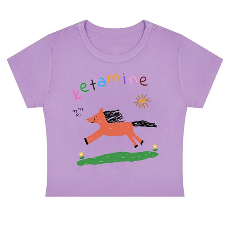 Summer new casual short-sleeve cute pony print Slim Blouse t-shirt kawaii crop top baby tee shirt vintage y2k clothes streetwear