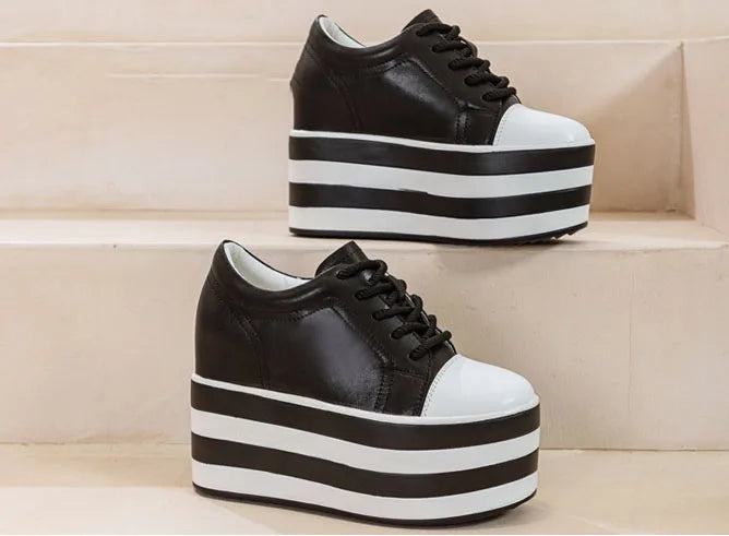 Fujin 12cm Genuine Leather Synthetic Women Autumn Spring Platform Wedge Women Fashion Sneakers Chunky Shoes Vulcanize Skateboard
