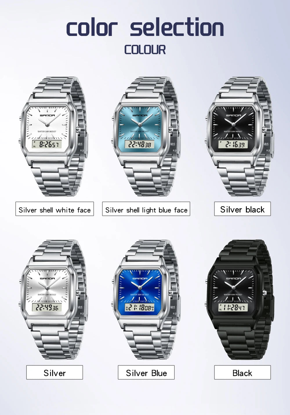 SANDA Men's and Women Watch Fashion Watches Business Style Alarm Clock Man Digital Wristwatch Square Dial Stainless Steel Strap