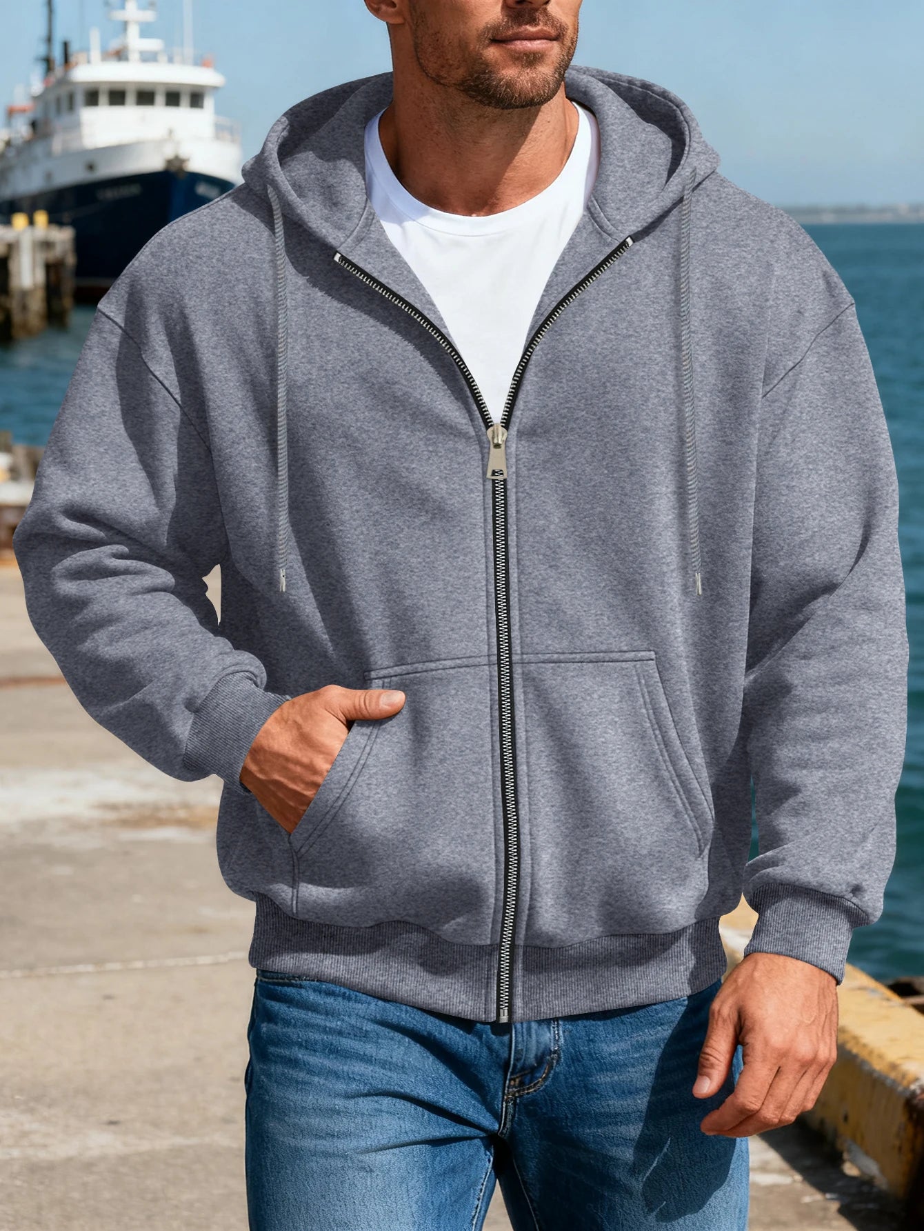 Men's Comfortable Fleece Hooded Sweatshirt Zipper Jacket Sports  Shirt Long Sleeved Sweatshirt Autumn and Winter Hooded Coat BAZAARHUBO