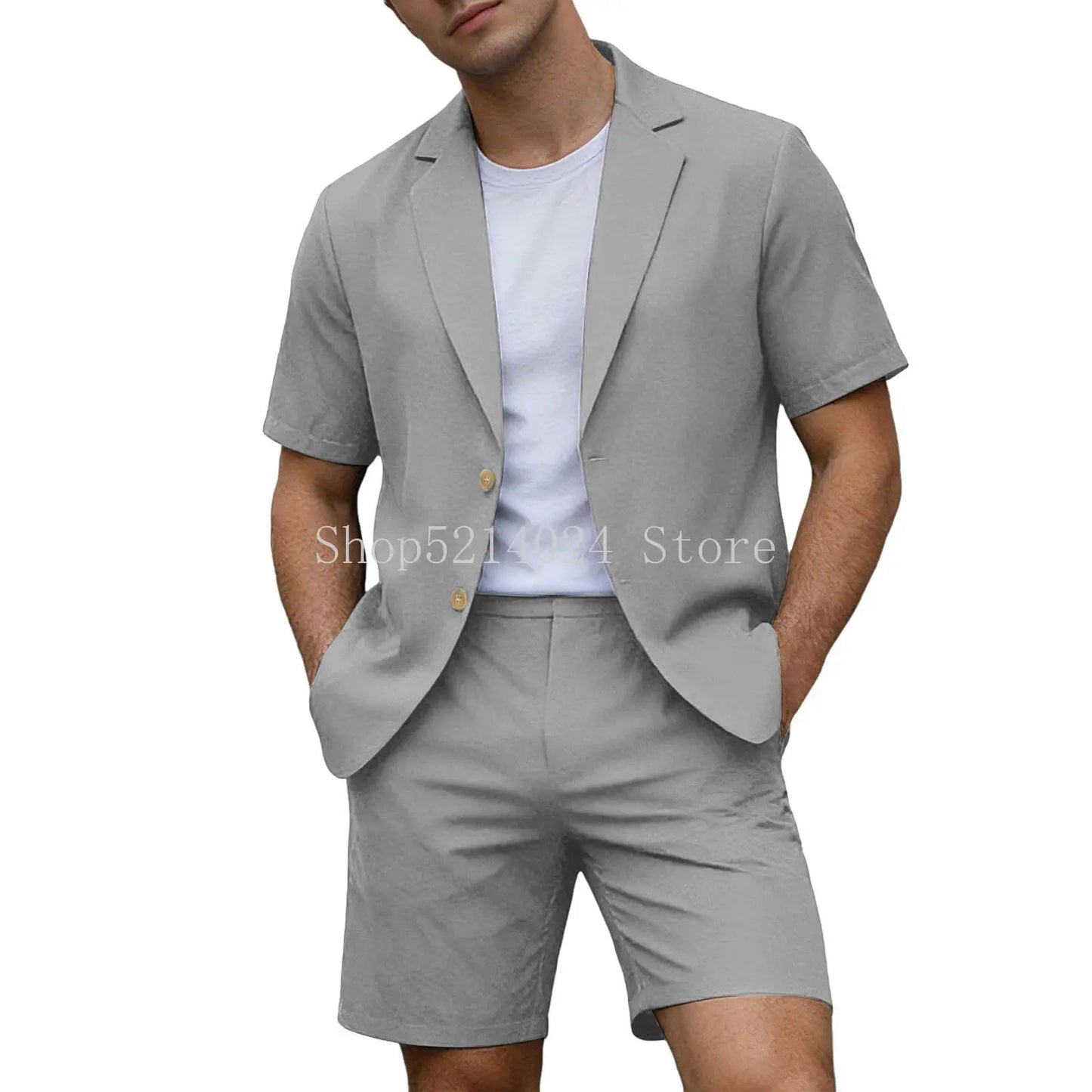 Suits for Men Short Sleeve Blazer Jacket Shorts Set Lightweight Wedding Party Business Casual Formal Outfits