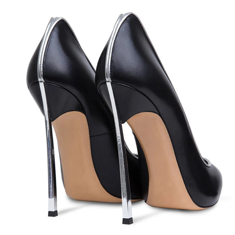 Spring and Autumn New Pointed Shallow Leather Single Shoes Metal Fine High Heel Banquet Dress Customized Large Size Women's Shoe