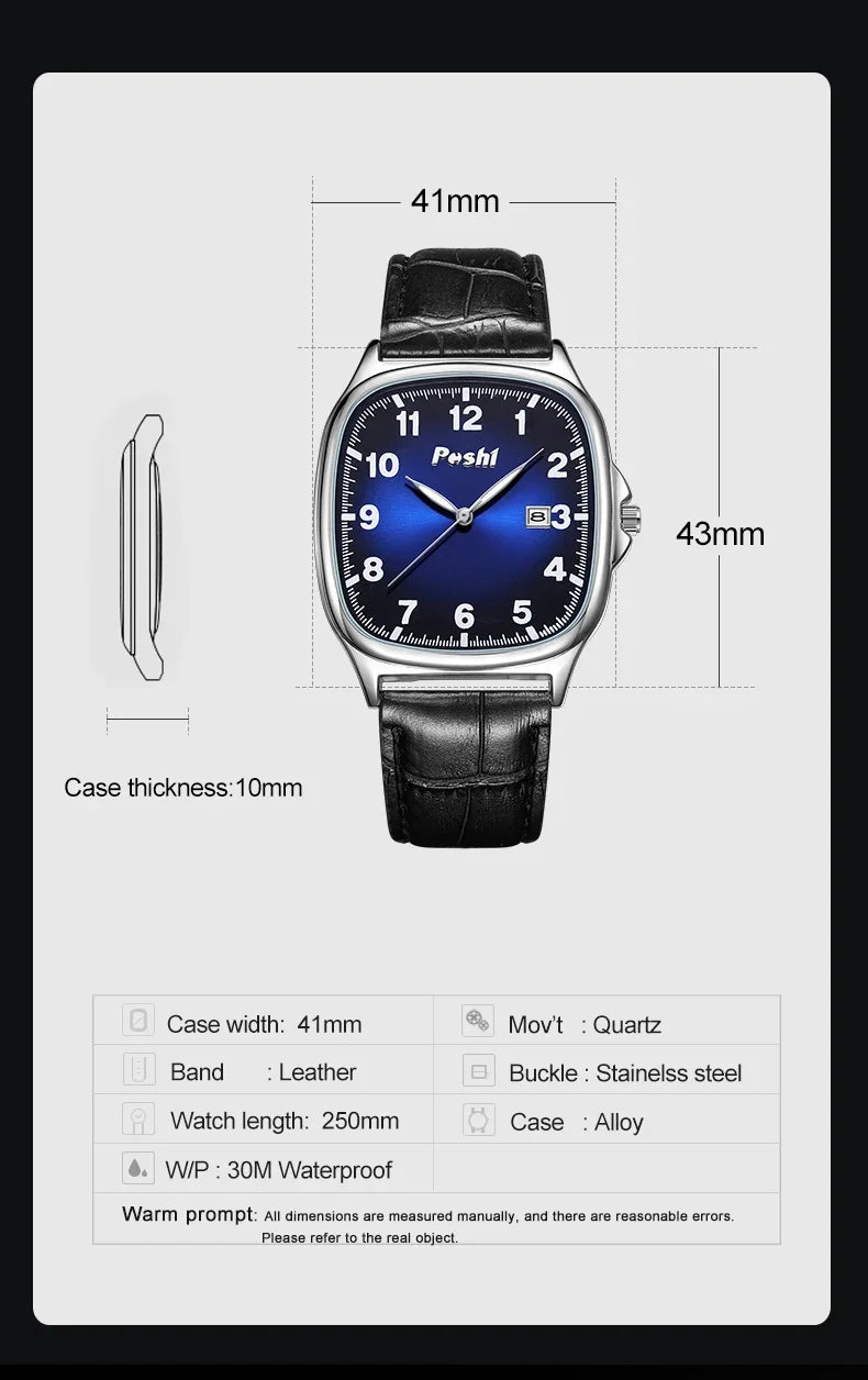 POSHI Men's Quartz Watches Leather Strap Casual Men Wristwatch Waterproof Date Luminous Luxury Business Watch for Man Male Gifts